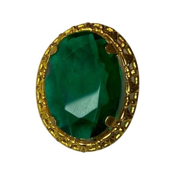 Brooch – Vintage 1940s Gold-Tone Filigree Oval with Emerald Rhinestone - Picture 4 of 5
